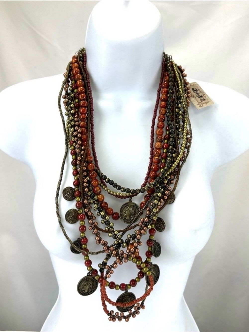 Treska Timbuktu NEW necklace multi strand copper gold rust olive mix chunky